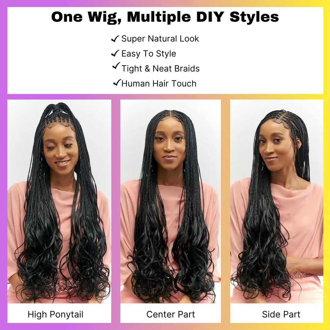 18" Full 360 HD Transparent Lace Front Knotless Braided French Curl Wig with Baby Hair and curly tips - Synthetic hand-made box braids wig for black women Strawberry blond