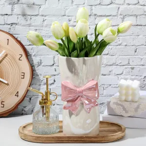 1pcs Pink Ceramic Bow Vase 9 x 5 inches,Unique Cute Modern Decorative Bouquet Flower Large Vases for Home Living Room Table Decor Women Girl Gifts