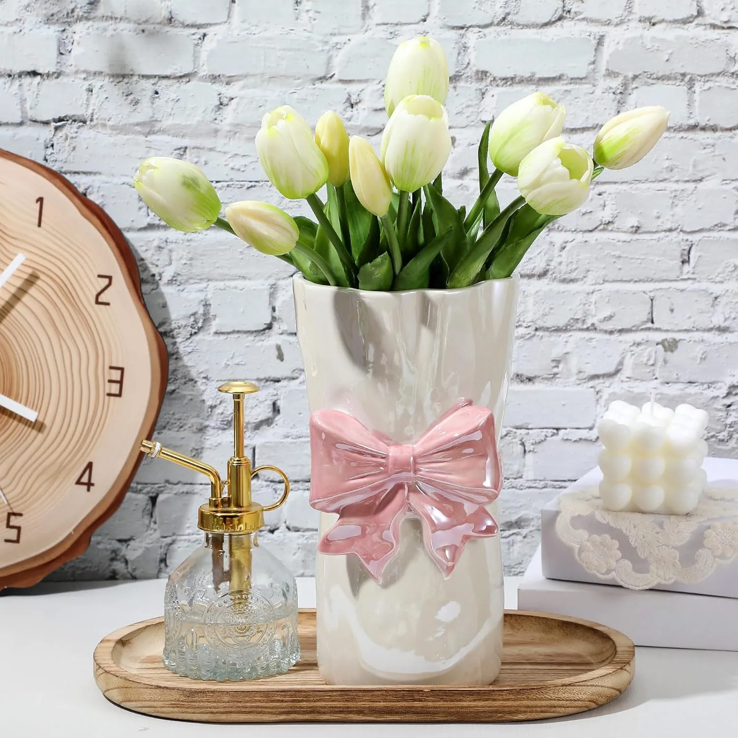 1pcs Pink Ceramic Bow Vase 9 x 5 inches,Unique Cute Modern Decorative Bouquet Flower Large Vases for Home Living Room Table Decor Women Girl Gifts