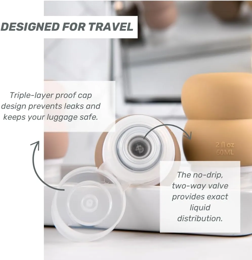 2-in-1 Containers, TSA-Approved Leak Proof Silicone Travel Bottles,2oz Liquid Squeezable Refillable Portable, BPA Free, Travel Size Bottles for Toiletries Shampoo Conditioner Lotion Supplements