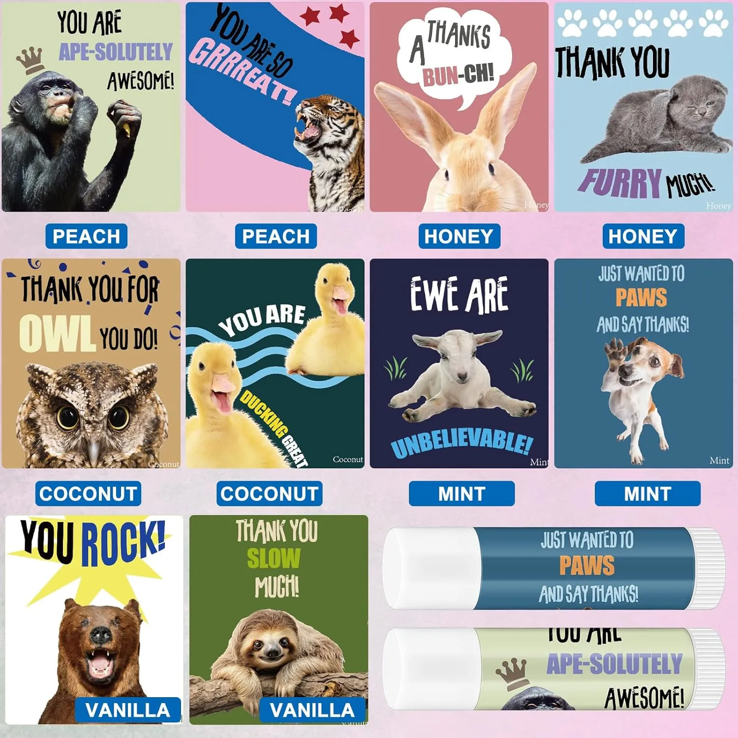 20 Sets Employee Appreciation Gifts Bulk for Coworkers Thank You Staff Gift Inspirational Animal Pun Lip Balm Note Cards Organza Bag for Office Pocket Favor Party Team Volunteer Nurse Friend