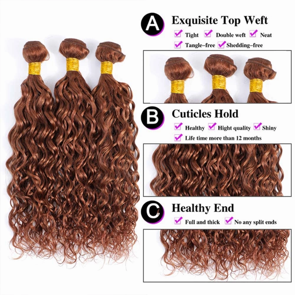 24 26 28 Inch Light Brown Bundles Human Hair Color 30 Brown Water Wave Human Hair Bundles Double Weft Brazilian Virgin Remy Hair Extensions For Black Women