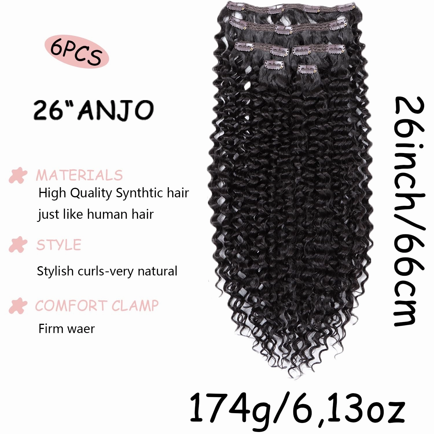 26 Inches Clip in Hair Extensions Synthetic hair Clip in 174G 6Pcs/Lot Japanese Heat Resistant Fiber Hairpieces for Women (2#, ANJO 26 inch)