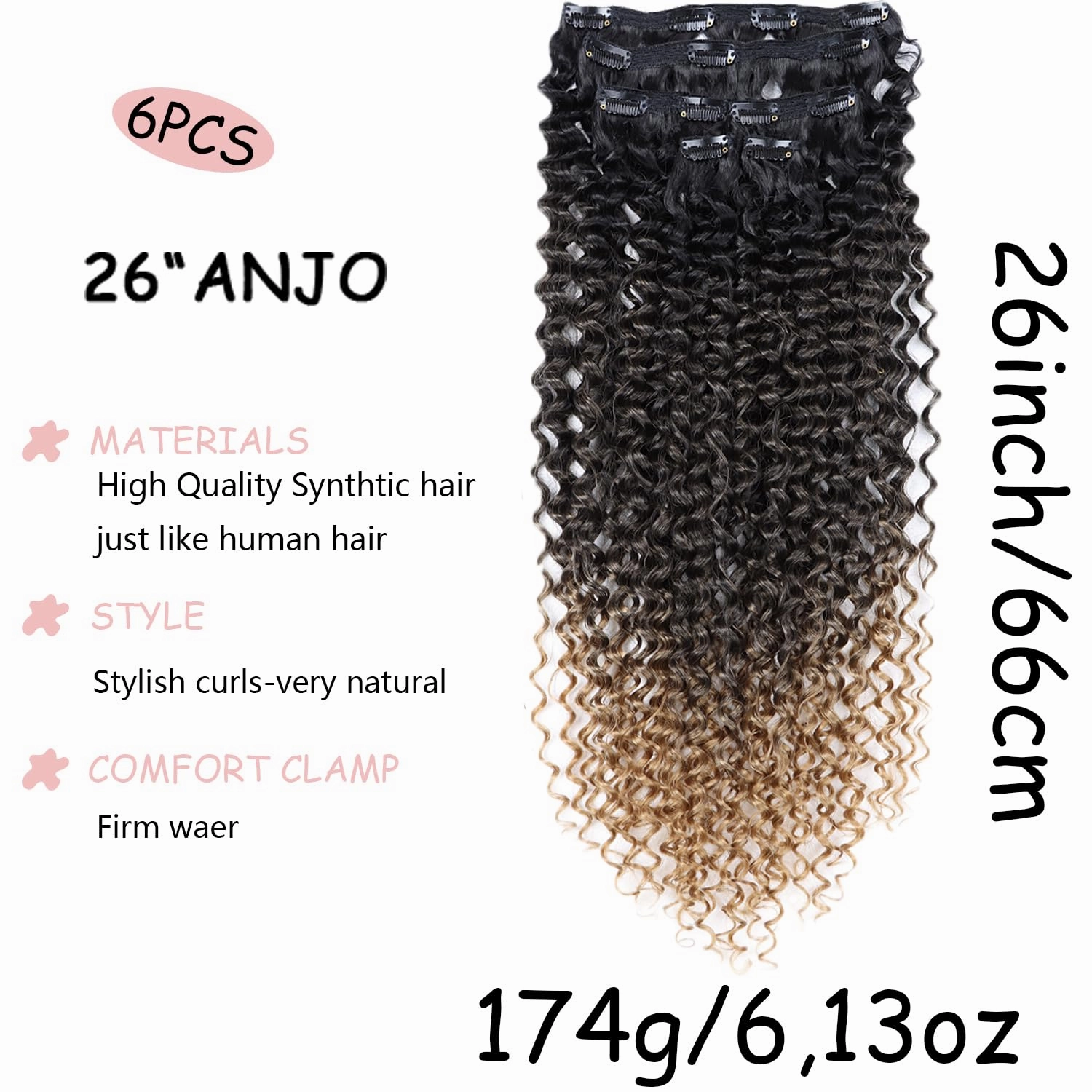 26 Inches Clip in Hair Extensions Synthetic hair Clip in 174G 6Pcs/Lot Japanese Heat Resistant Fiber Hairpieces for Women (MT1B/27#, ANJO 26 inch)