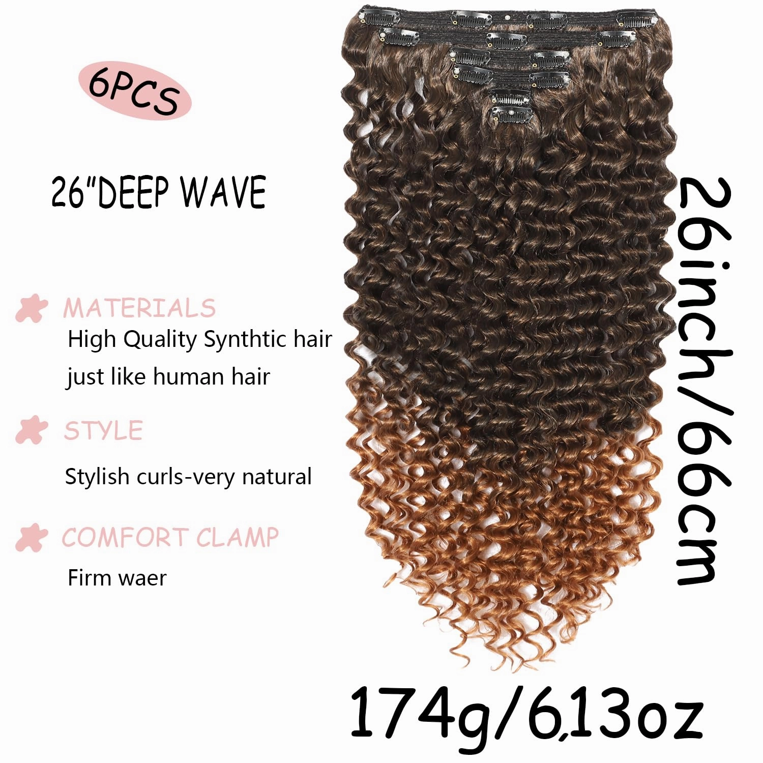 26 Inches Deep Wave Clip In Hair Extensions Full Head 6 Separate Pieces Heat Resistance Black Synthetic Deep Curly Clip in Hair Pieces 174g (MT1B/30#, DEEP 26 inch)
