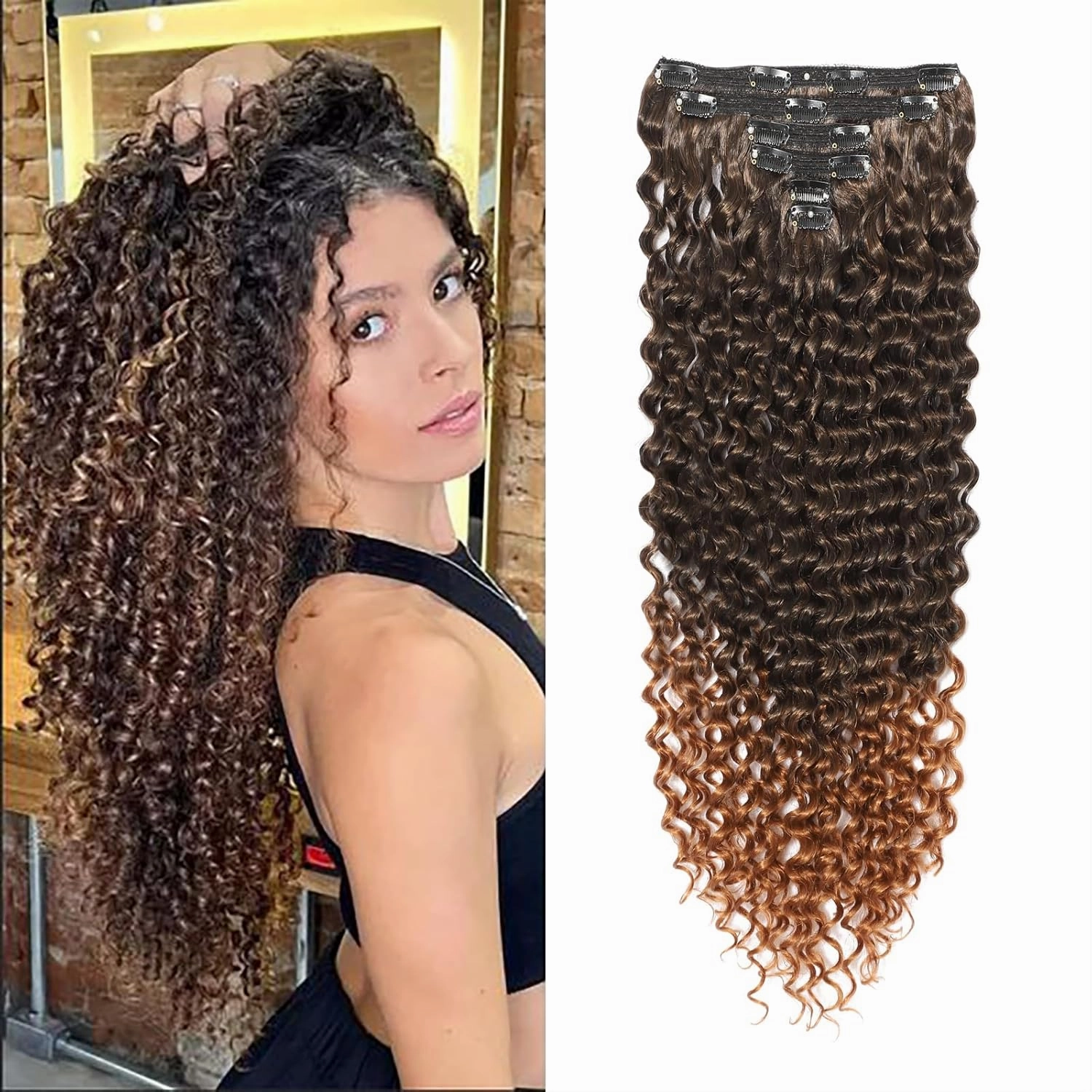 26 Inches Deep Wave Clip In Hair Extensions Full Head 6 Separate Pieces Heat Resistance Black Synthetic Deep Curly Clip in Hair Pieces 174g (MT1B/30#, DEEP 26 inch)