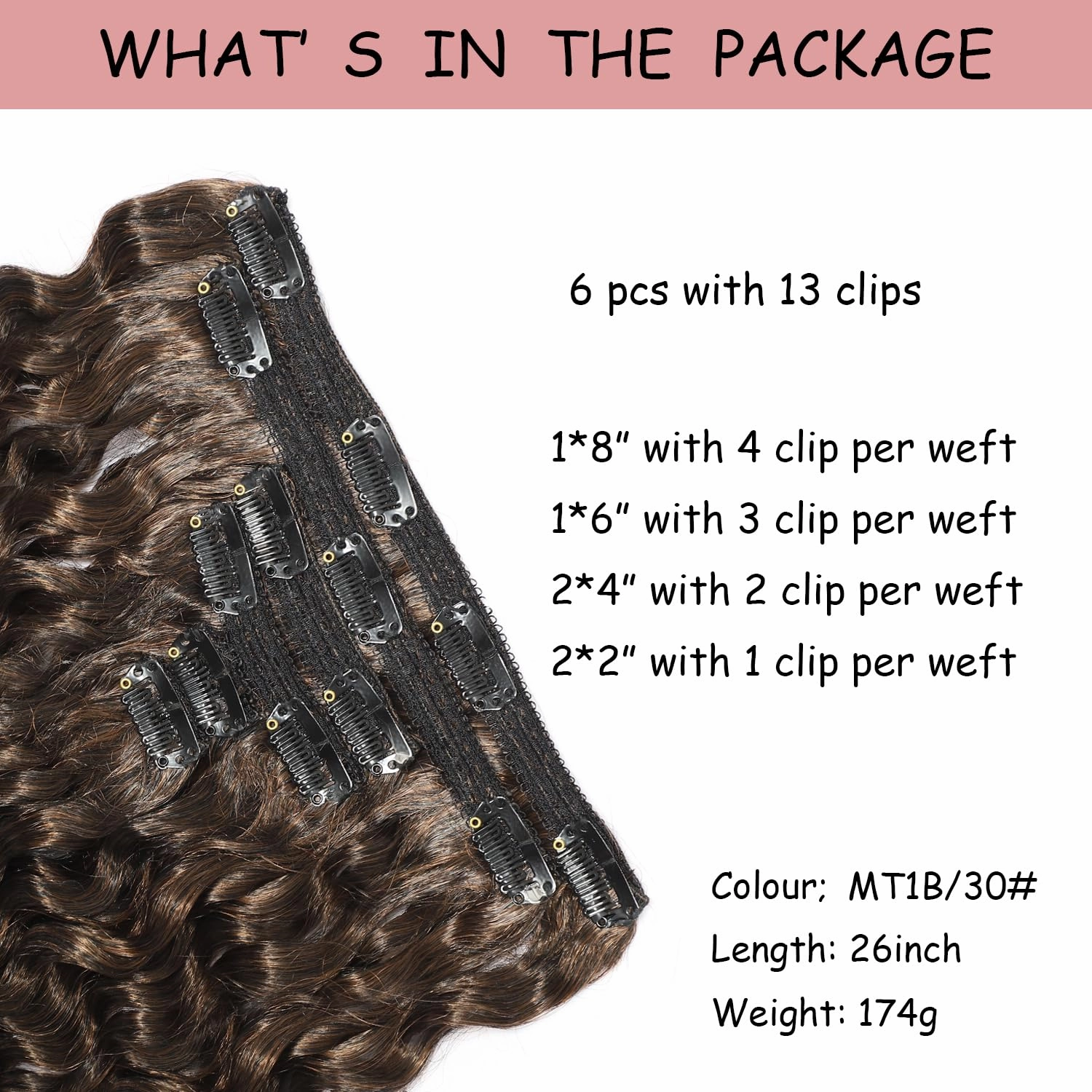 26 Inches Deep Wave Clip In Hair Extensions Full Head 6 Separate Pieces Heat Resistance Black Synthetic Deep Curly Clip in Hair Pieces 174g (MT1B/30#, DEEP 26 inch)