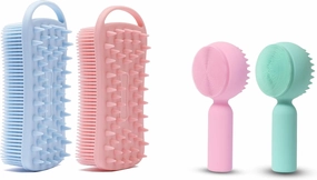 2 PC Silicone Bath Body Brushes, Soft Silicone Loofah and 2 PC Silicone Facial Cleansing Brush, Facial Scrubber