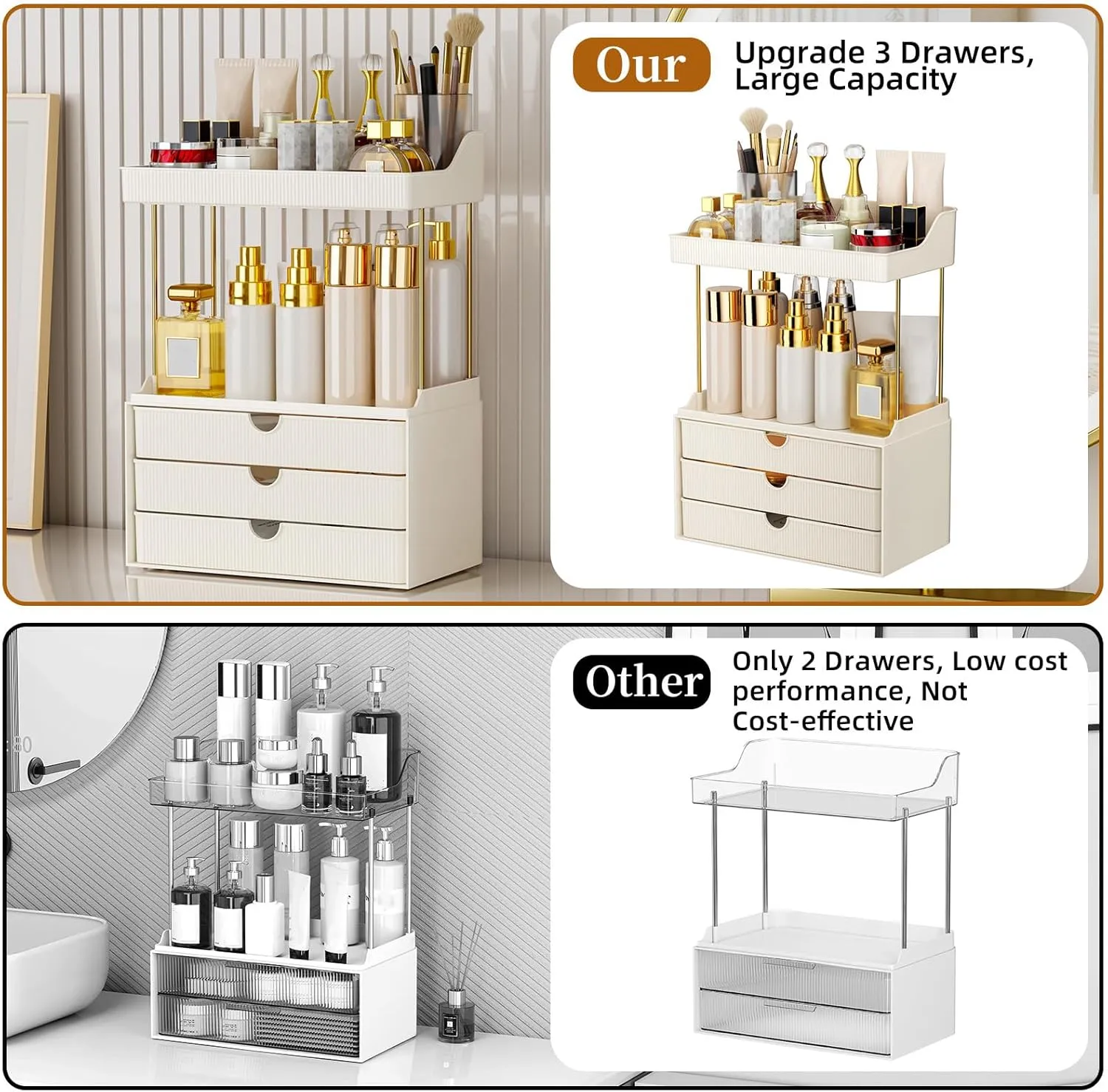 3 Drawers Bathroom Counter Organizer - 5 Tier Makeup Organizer, Versatile Perfume Organizer, Ideal for Bathroom Storage, Vanity, Large Skincare, Perfume, Present, Cream White