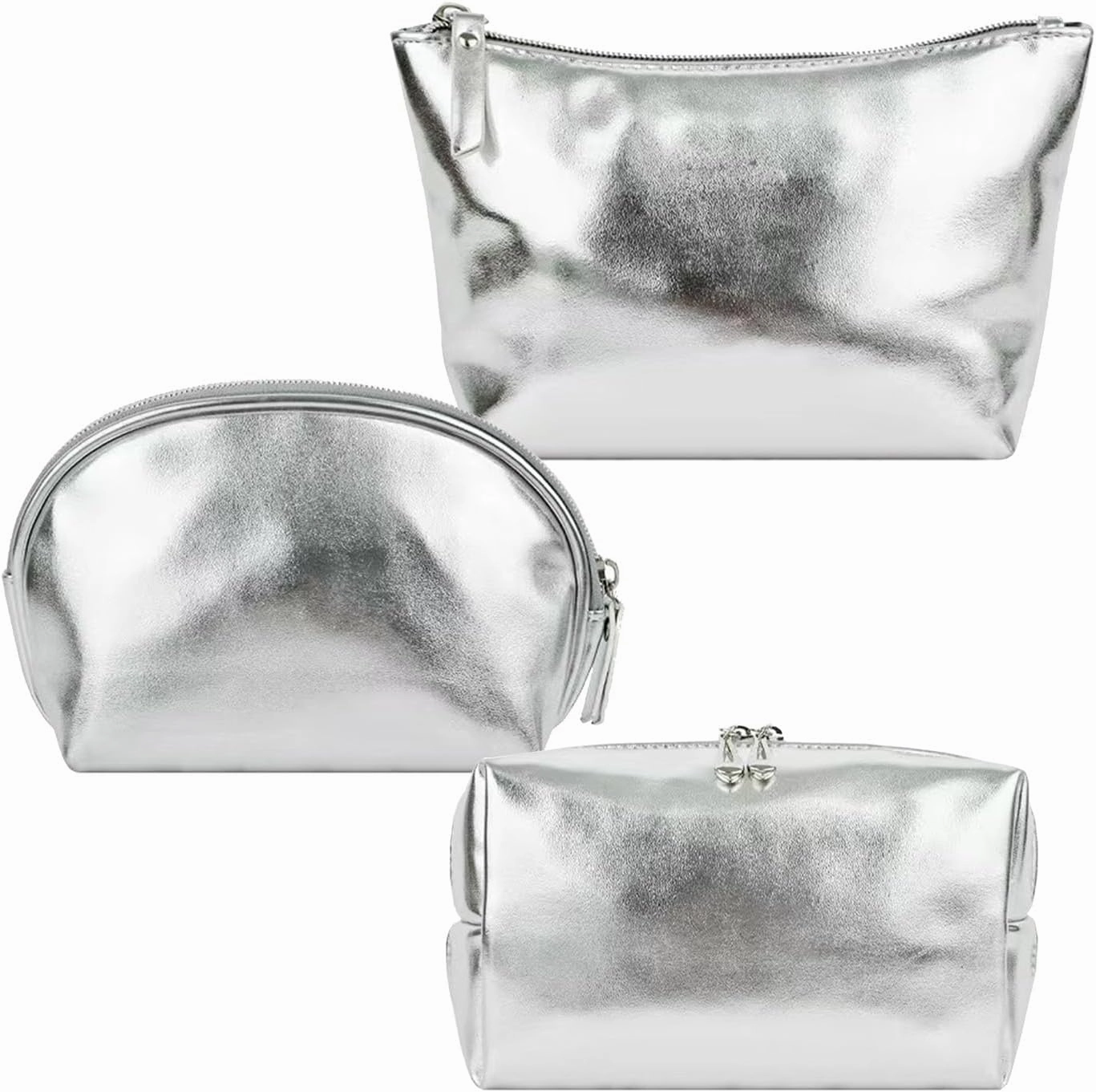 3pcs Make up Bag Set Travel Makeup Bags for Women Leather Cosmetic Bag Toiletry Organizer Bag Personalized Makeup Pouch Skincare Bag Silver