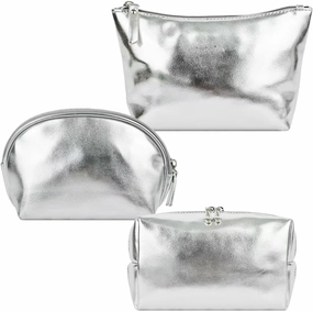 3pcs Make up Bag Set Travel Makeup Bags for Women Leather Cosmetic Bag Toiletry Organizer Bag Personalized Makeup Pouch Skincare Bag Silver