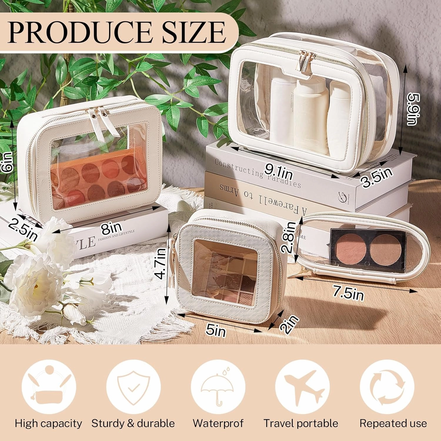 4 Pcs Leather Clear Makeup Bags Set for Women Travel Clear Cosmetic Case Toiletry Bags with Zipper Makeup Brush Case Waterproof Organizer Storage for Women Men Travel Accessories, 4 Sizes(White)