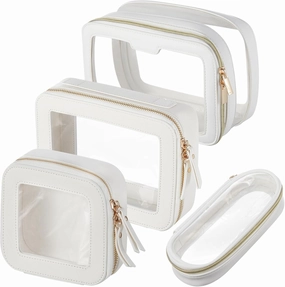 4 Pcs Leather Clear Makeup Bags Set for Women Travel Clear Cosmetic Case Toiletry Bags with Zipper Makeup Brush Case Waterproof Organizer Storage for Women Men Travel Accessories, 4 Sizes(White)