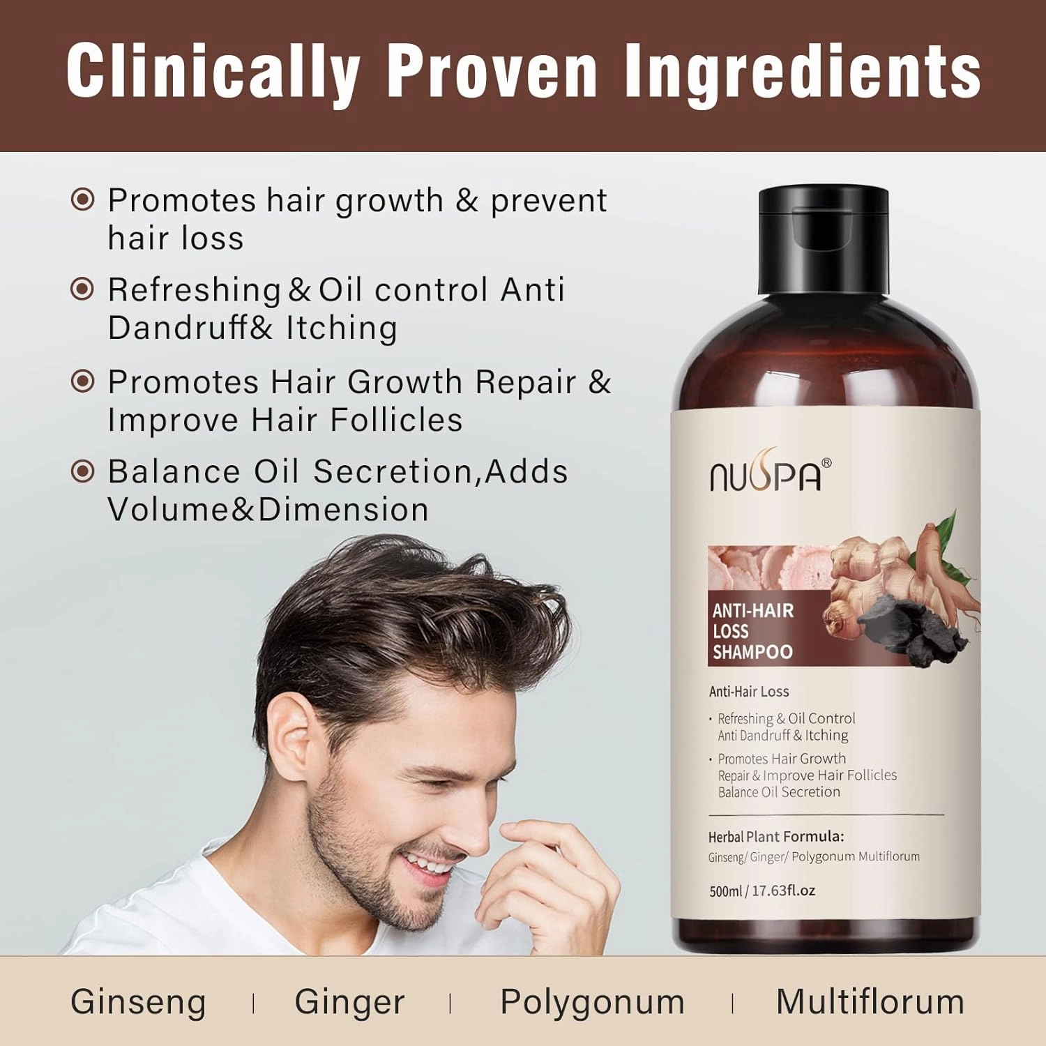 5 in 1 Herbal Anti Hair Thinning Shampoo, 100% Natural Organic Hair Wash Anti Hair Loss Shampoo Infused with Ginger,Ginseng, Polygonum Multiflorum,Regrowth HairCare Treatment For Women Men,Daily Use