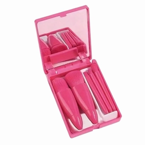 5 In 1 Makeup Brush Set with Mirror Blush Powder Brush Travel Kit Portable Mini Beauty Make Up Tool,5-Piece Portable Makeup(Rose Red)