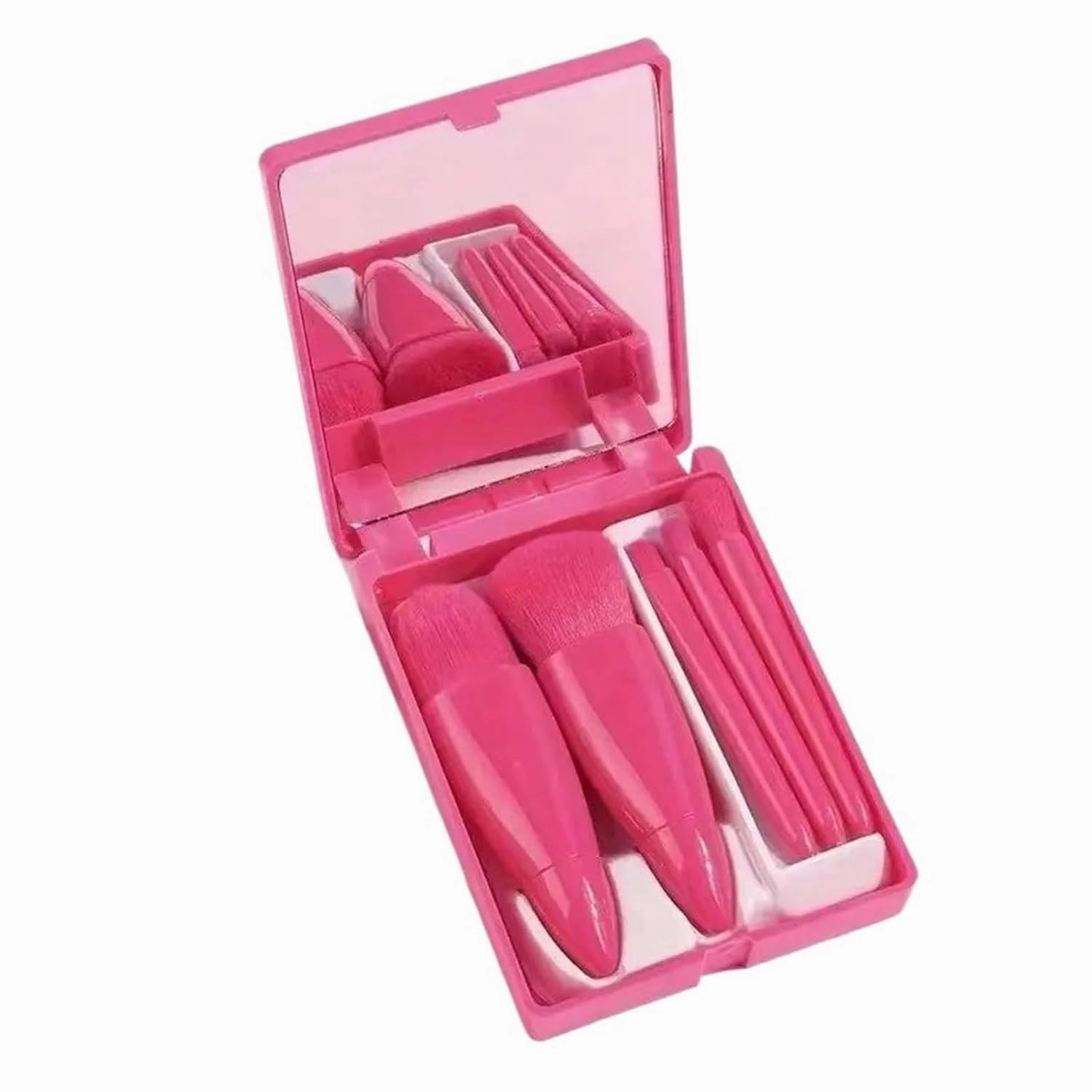 5 In 1 Makeup Brush Set with Mirror Blush Powder Brush Travel Kit Portable Mini Beauty Make Up Tool,5-Piece Portable Makeup(Rose Red)