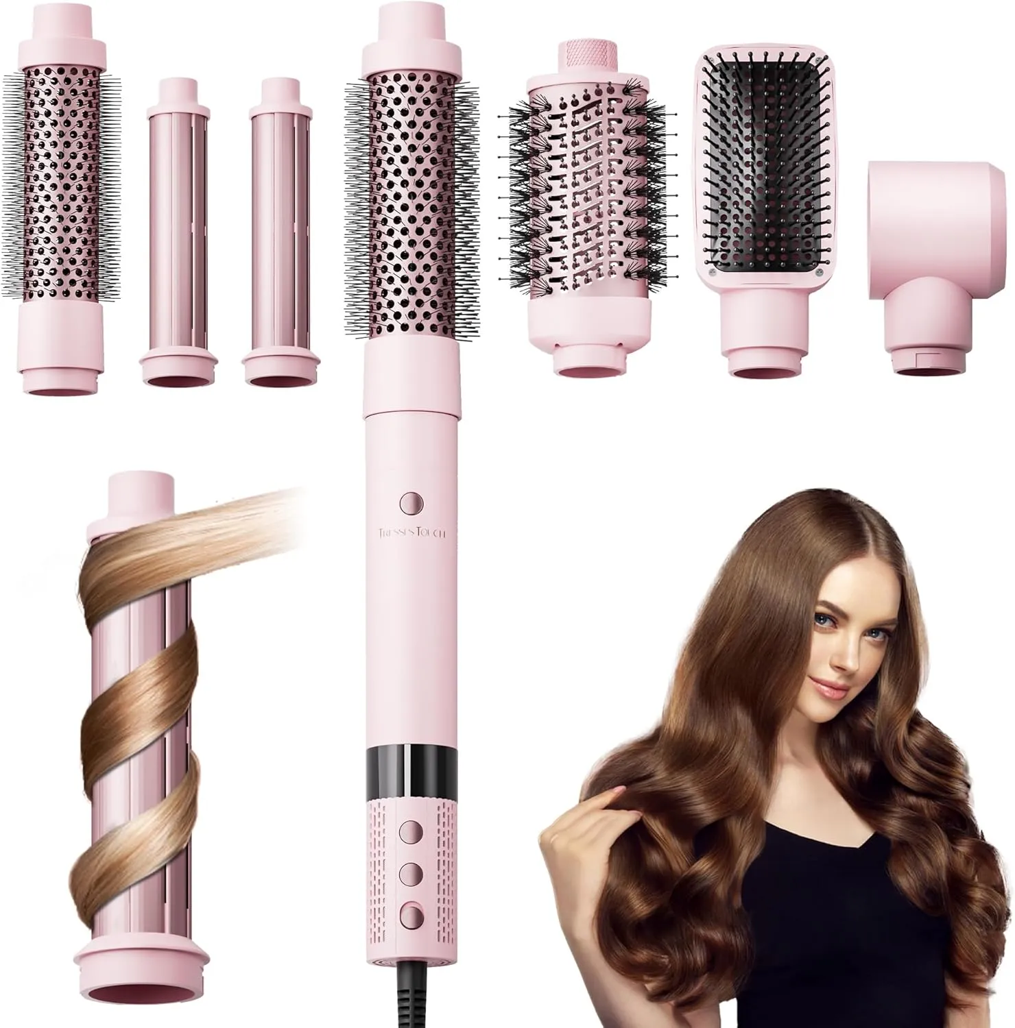 6-in-1 High-Speed Hair Dryer Brush Blow Dryer 110,000 RPM with Interchangeable Heads, Hair Styling Tools for Styling No Heat Damage, Magic Air Wrap Hair Styler, Blowout Thermal Brush Set, Pink