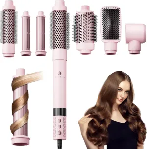 6-in-1 High-Speed Hair Dryer Brush Blow Dryer 110,000 RPM with Interchangeable Heads, Hair Styling Tools for Styling No Heat Damage, Magic Air Wrap Hair Styler, Blowout Thermal Brush Set, Pink