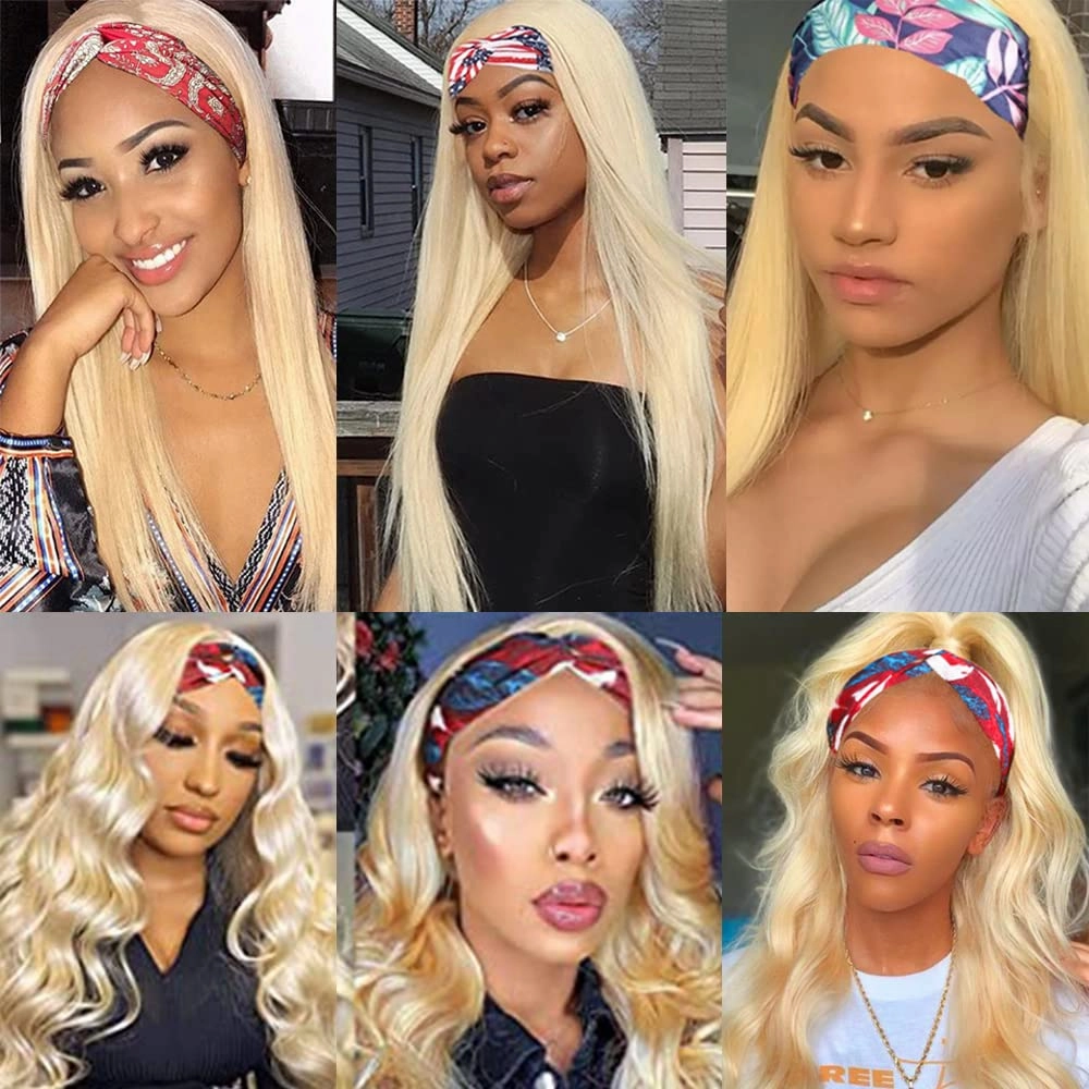 613 Blonde Headband Wig Human Hair Straight Headband Wigs Non Lace Front Wigs Unprocessed Virgin Hair Glueless Straight Machine Made Wig for Women 22 Inch