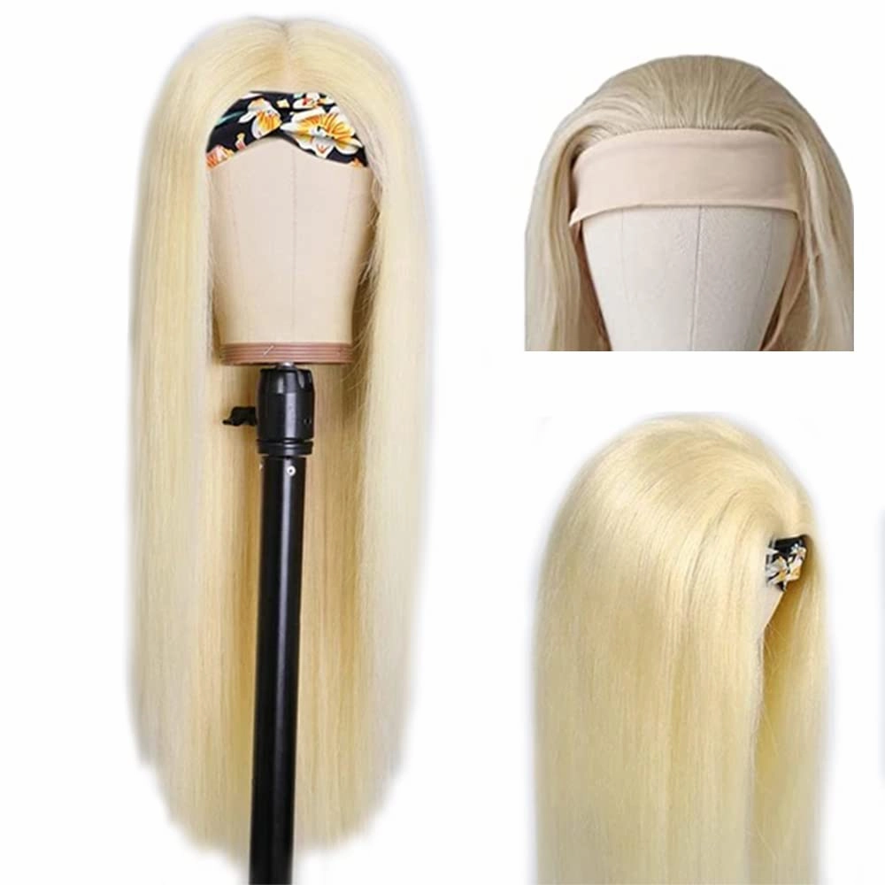 613 Blonde Headband Wig Human Hair Straight Headband Wigs Non Lace Front Wigs Unprocessed Virgin Hair Glueless Straight Machine Made Wig for Women 22 Inch