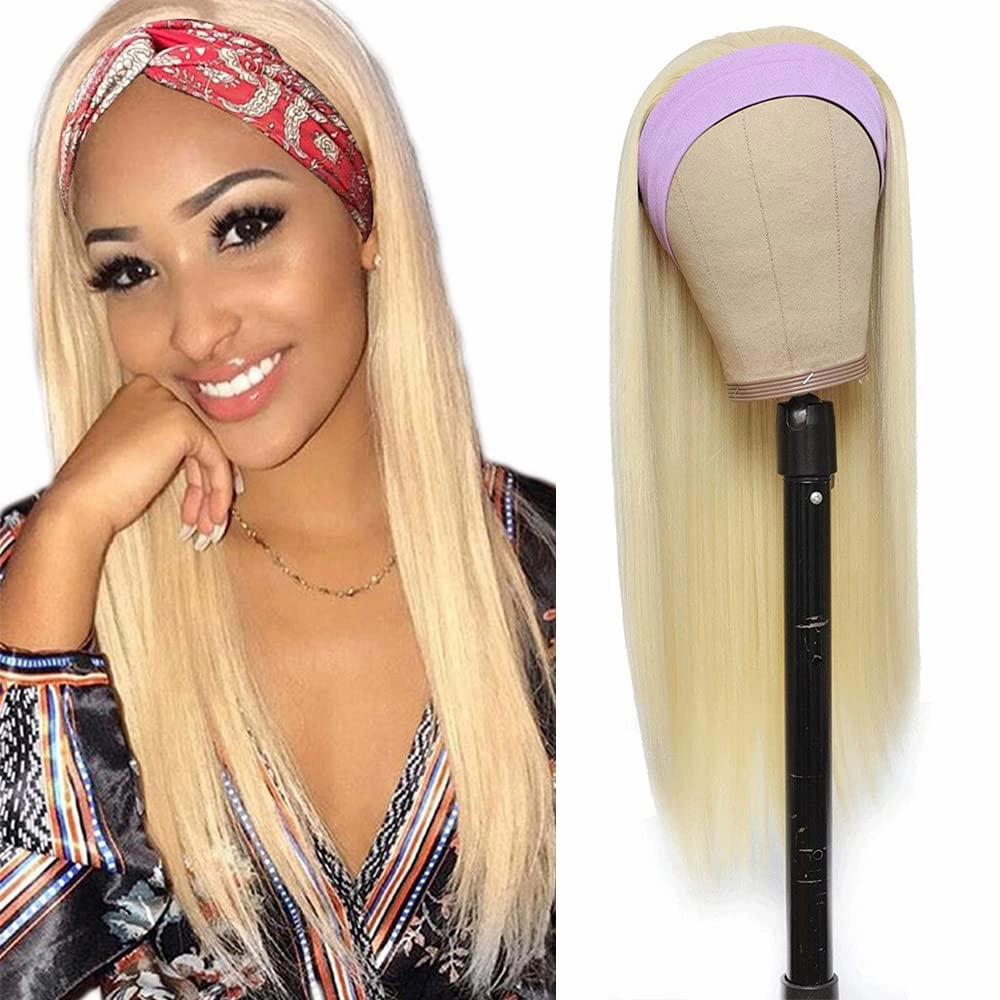 613 Blonde Headband Wig Human Hair Straight Headband Wigs Non Lace Front Wigs Unprocessed Virgin Hair Glueless Straight Machine Made Wig for Women 22 Inch