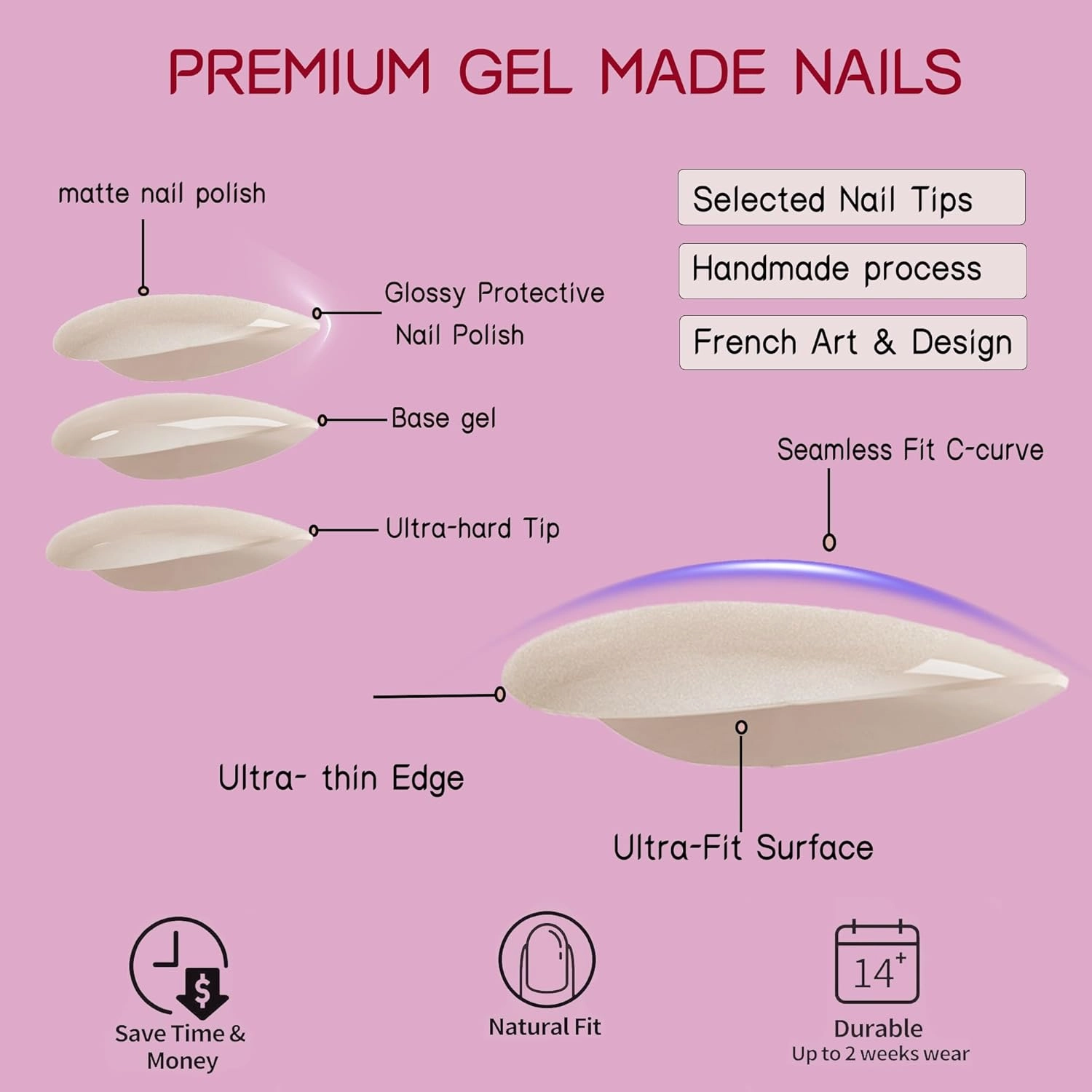 6 Pack Soft Gel Press On Nails Almond-Short Nails With Glossy French Tips In A Matte Finish,16 Sizes -192 Nail Kit with Glue