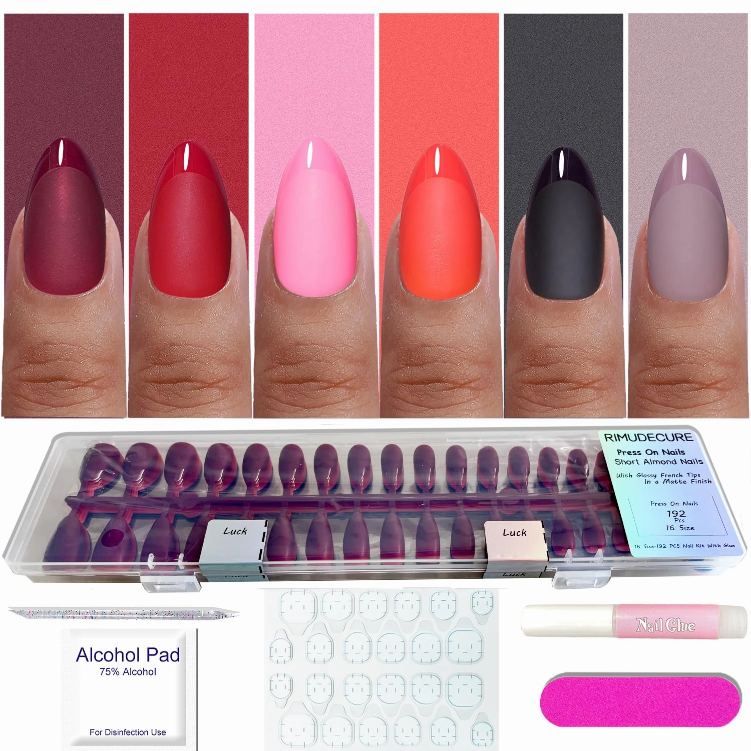 6 Pack Soft Gel Press On Nails Almond-Short Nails With Glossy French Tips In A Matte Finish,16 Sizes -192 Nail Kit with Glue