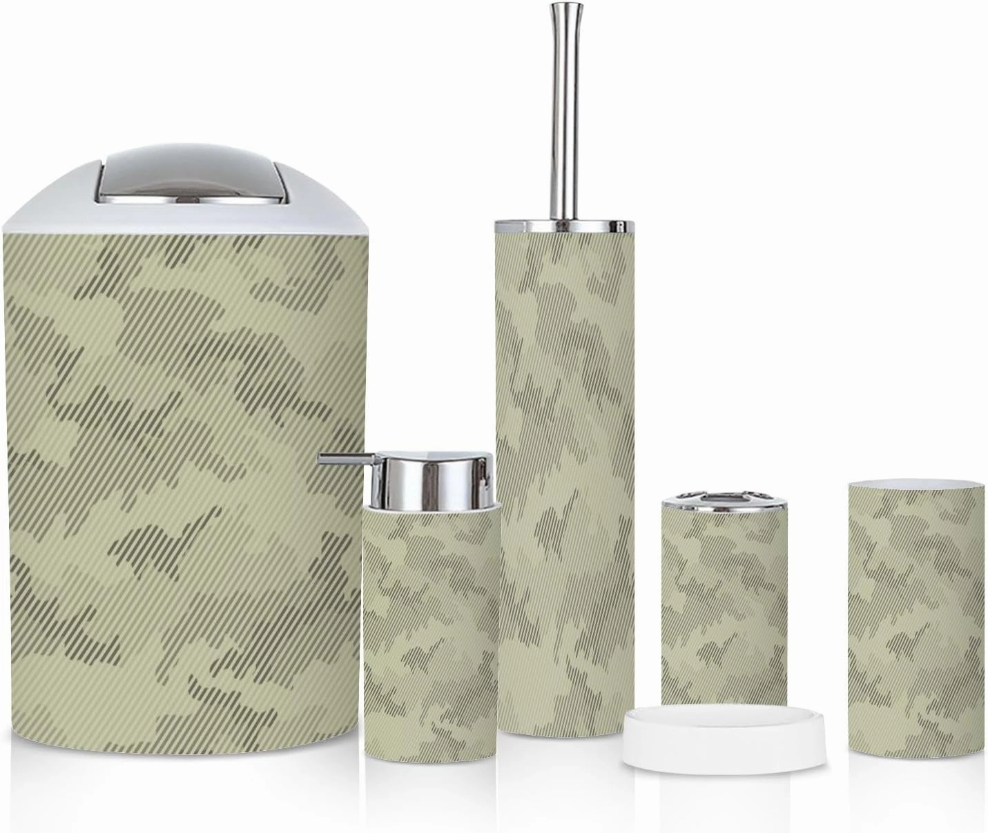 6 Piece Bathroom Accessories Set Camouflage Seamless Pattern Halftone line Texture Shades sage Grayish Trash can Toilet Brush Holder Toothbrush Holder Toothbrush Cup Soap Dispenser Soap Dish Boho