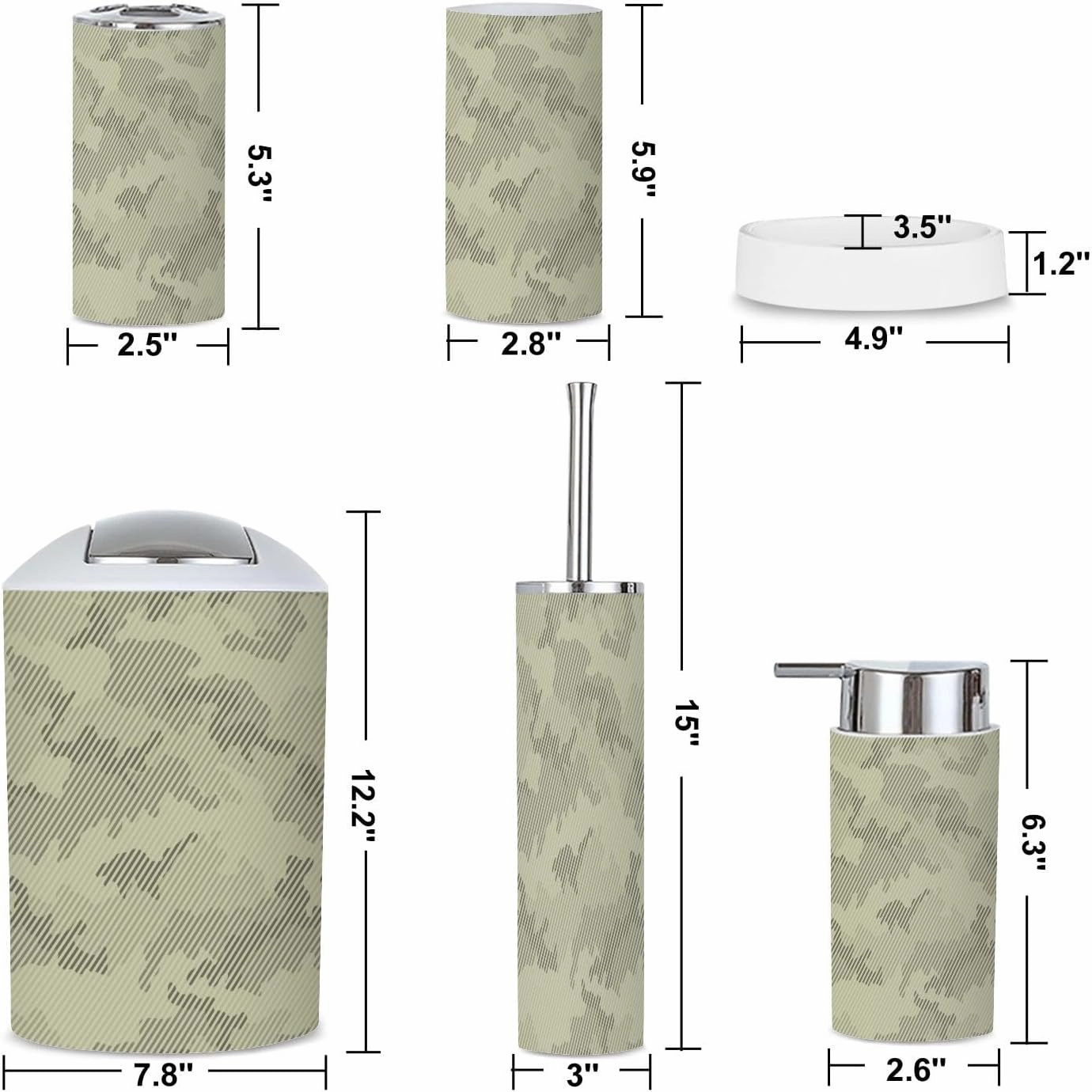 6 Piece Bathroom Accessories Set Camouflage Seamless Pattern Halftone line Texture Shades sage Grayish Trash can Toilet Brush Holder Toothbrush Holder Toothbrush Cup Soap Dispenser Soap Dish Boho