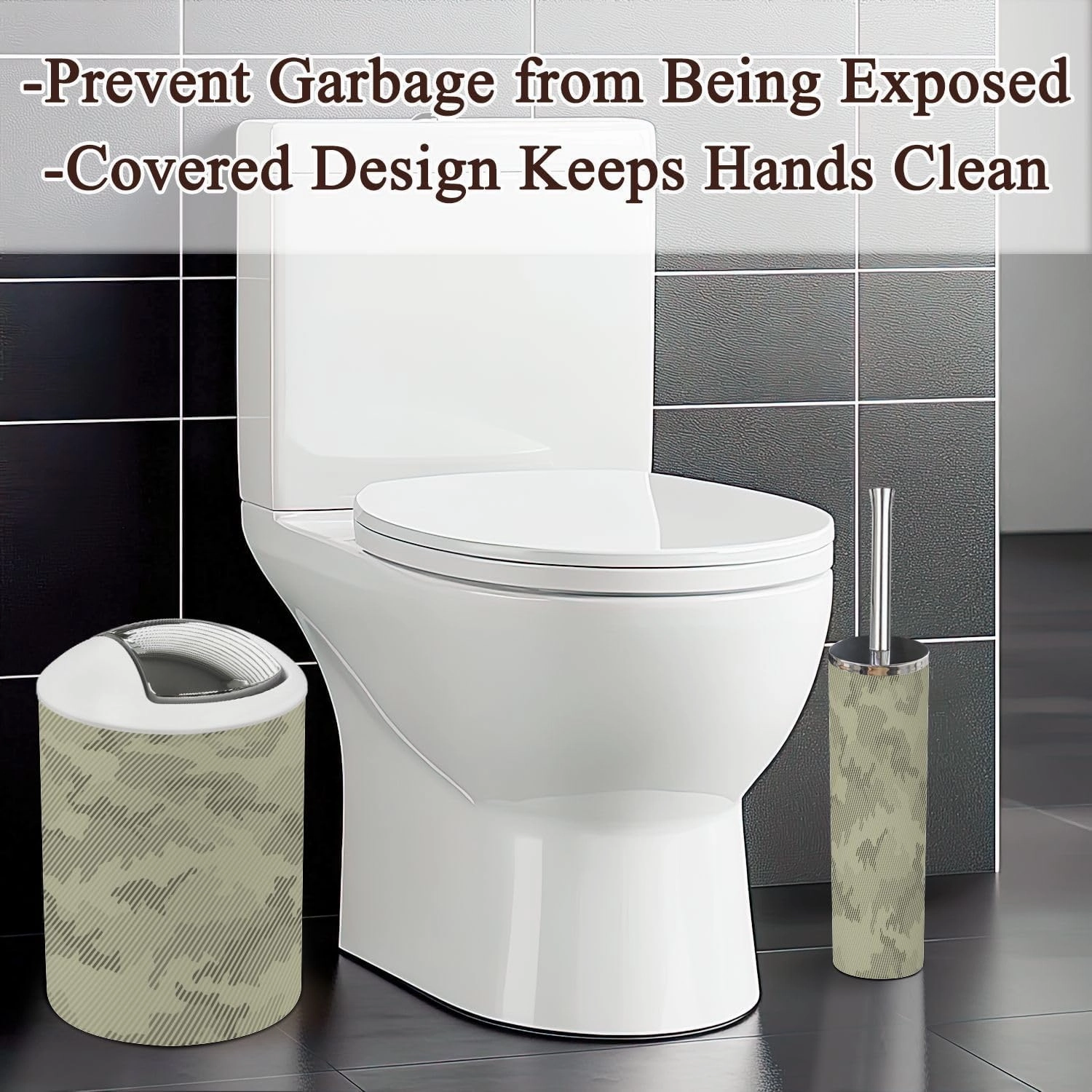 6 Piece Bathroom Accessories Set Camouflage Seamless Pattern Halftone line Texture Shades sage Grayish Trash can Toilet Brush Holder Toothbrush Holder Toothbrush Cup Soap Dispenser Soap Dish Boho