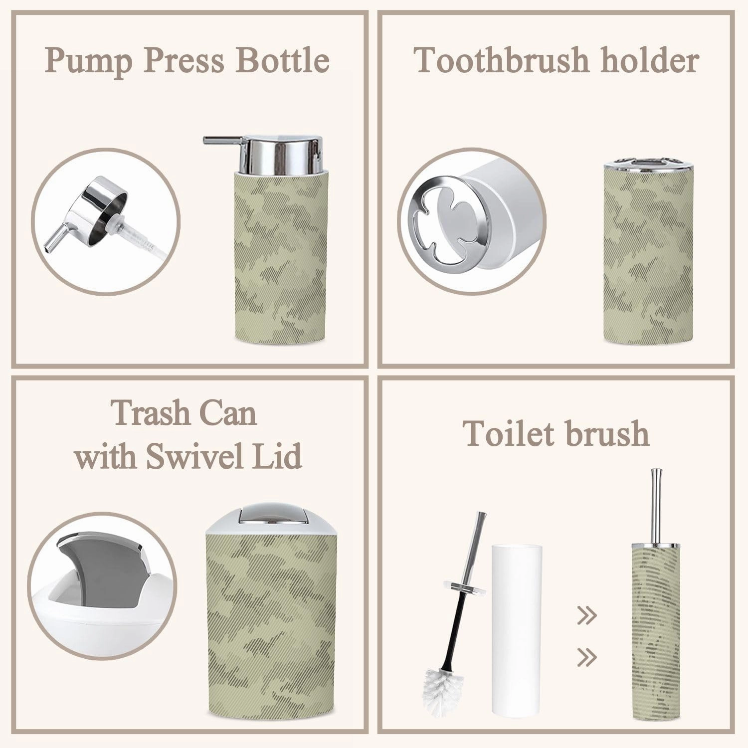 6 Piece Bathroom Accessories Set Camouflage Seamless Pattern Halftone line Texture Shades sage Grayish Trash can Toilet Brush Holder Toothbrush Holder Toothbrush Cup Soap Dispenser Soap Dish Boho