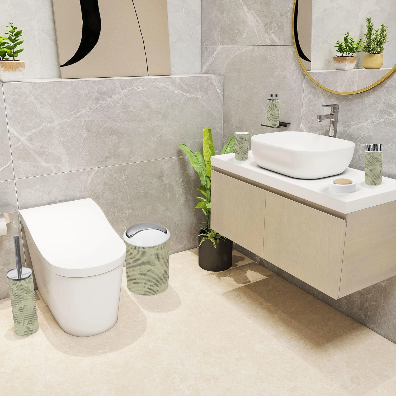 6 Piece Bathroom Accessories Set Camouflage Seamless Pattern Halftone line Texture Shades sage Grayish Trash can Toilet Brush Holder Toothbrush Holder Toothbrush Cup Soap Dispenser Soap Dish Boho