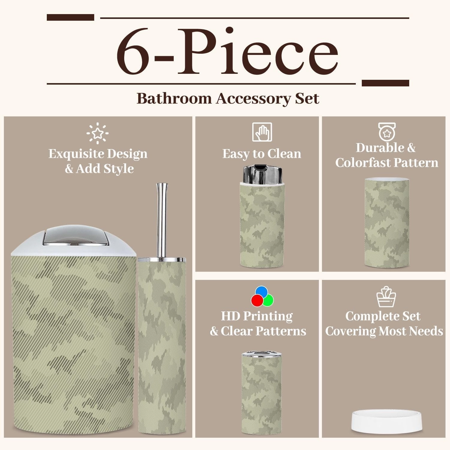 6 Piece Bathroom Accessories Set Camouflage Seamless Pattern Halftone line Texture Shades sage Grayish Trash can Toilet Brush Holder Toothbrush Holder Toothbrush Cup Soap Dispenser Soap Dish Boho