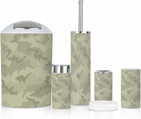 6 Piece Bathroom Accessories Set Camouflage Seamless Pattern Halftone line Texture Shades sage Grayish Trash can Toilet Brush Holder Toothbrush Holder Toothbrush Cup Soap Dispenser Soap Dish Boho