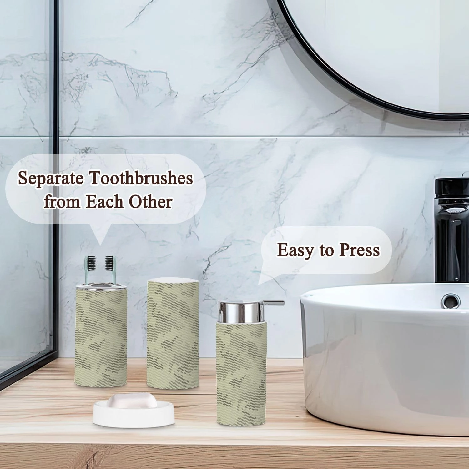6 Piece Bathroom Accessories Set Camouflage Seamless Pattern Halftone line Texture Shades sage Grayish Trash can Toilet Brush Holder Toothbrush Holder Toothbrush Cup Soap Dispenser Soap Dish Boho