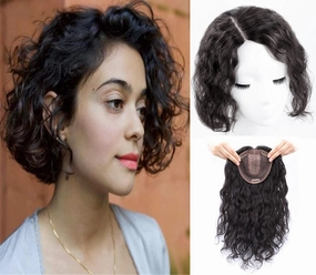 8" Curly Wavy 100% Human Hair Topper For Women with Thinning Hair Topper Hair Extentions Hairpiece Clip On Toupee Clip Hair Piece for Women Cover Gray Hair(Right Part,Natural Black)