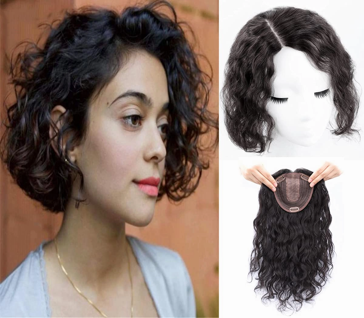 8" Curly Wavy 100% Human Hair Topper For Women with Thinning Hair Topper Hair Extentions Hairpiece Clip On Toupee Clip Hair Piece for Women Cover Gray Hair(Right Part,Natural Black)