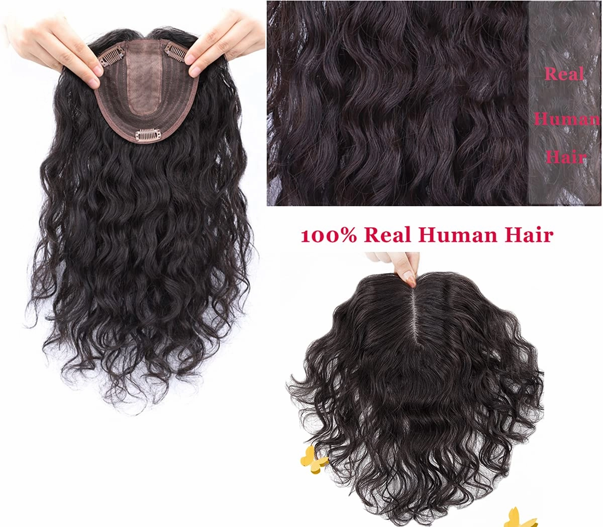 8" Curly Wavy 100% Human Hair Topper For Women with Thinning Hair Topper Hair Extentions Hairpiece Clip On Toupee Clip Hair Piece for Women Cover Gray Hair(Right Part,Natural Black)