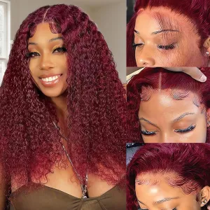 99J Burgundy Wig Human Hair 200 Density Deep Wave Curly Burgundy Lace Front Wigs Human Hair Pre Plucked Glueless 13x4 HD Frontal Red Wigs 20 Inch