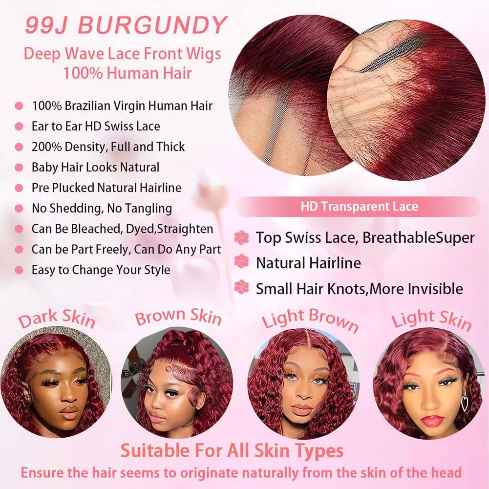 99J Burgundy Wig Human Hair 200 Density Deep Wave Curly Burgundy Lace Front Wigs Human Hair Pre Plucked Glueless 13x4 HD Frontal Red Wigs 20 Inch