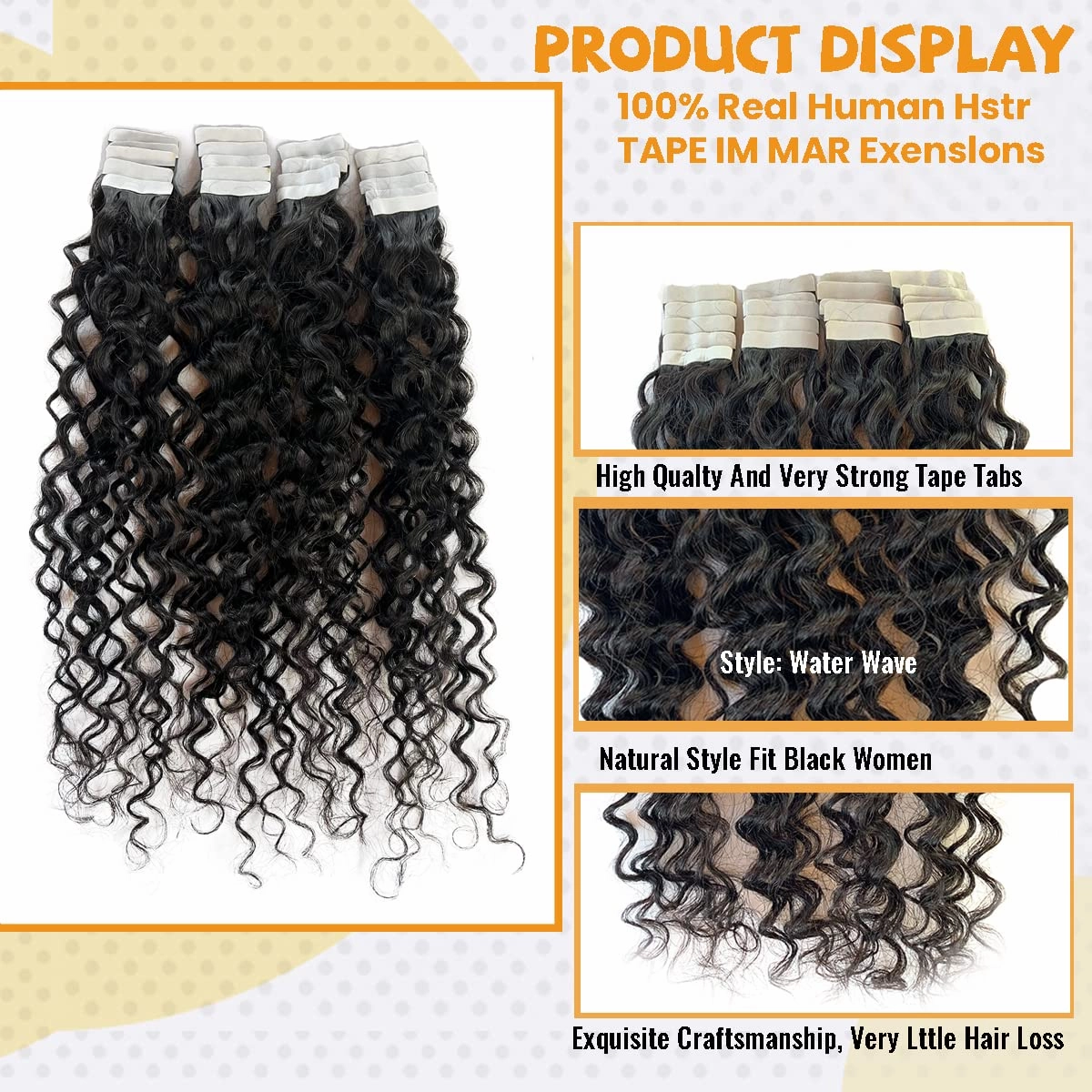 #1B Water Wave Tape in Extension for Black Women, 9A Brazilian Human Hair Adhesive Skin Weft Loose Wave Tape ins Human Hair Extensions Full Ends 40pcs 100g(24inch, #Natural Black)