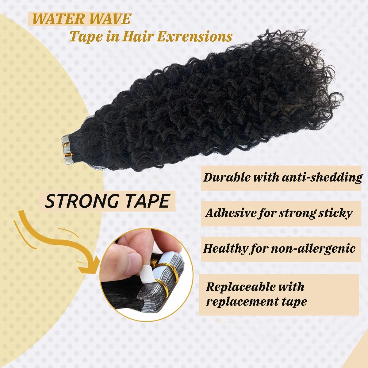 #1B Water Wave Tape in Extension for Black Women, 9A Brazilian Human Hair Adhesive Skin Weft Loose Wave Tape ins Human Hair Extensions Full Ends 40pcs 100g(24inch, #Natural Black)