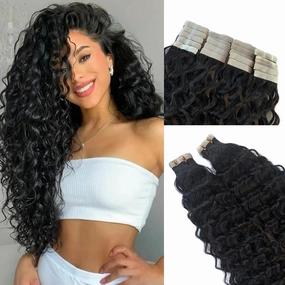 #1B Water Wave Tape in Extension for Black Women, 9A Brazilian Human Hair Adhesive Skin Weft Loose Wave Tape ins Human Hair Extensions Full Ends 40pcs 100g(24inch, #Natural Black)