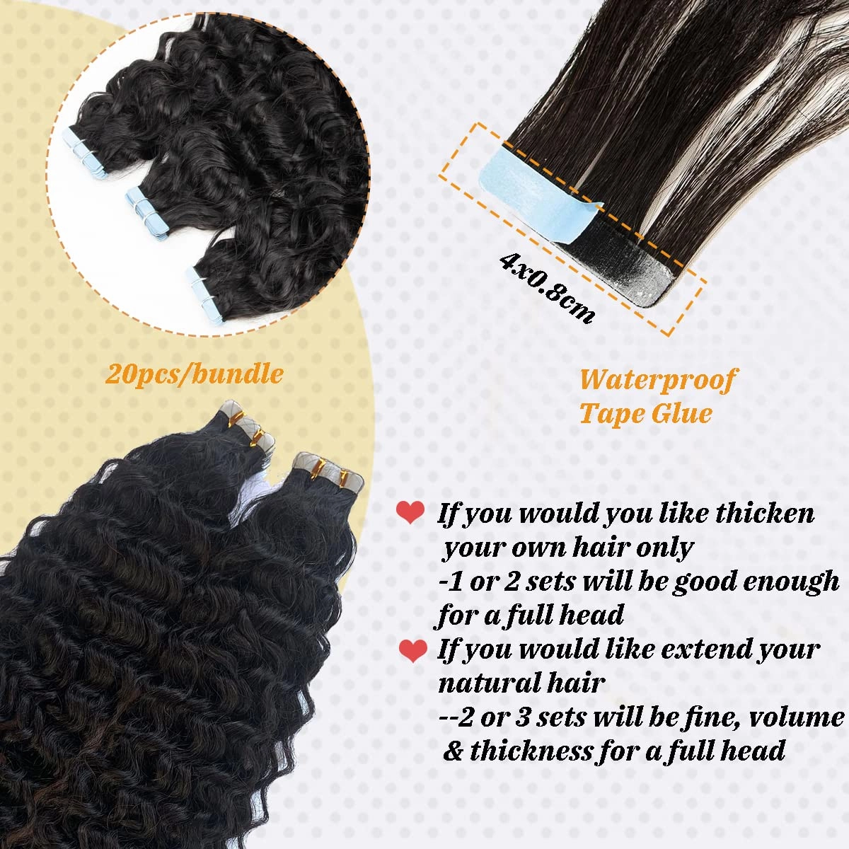 #1B Water Wave Tape in Extension for Black Women, 9A Brazilian Human Hair Adhesive Skin Weft Loose Wave Tape ins Human Hair Extensions Full Ends 40pcs 100g(24inch, #Natural Black)