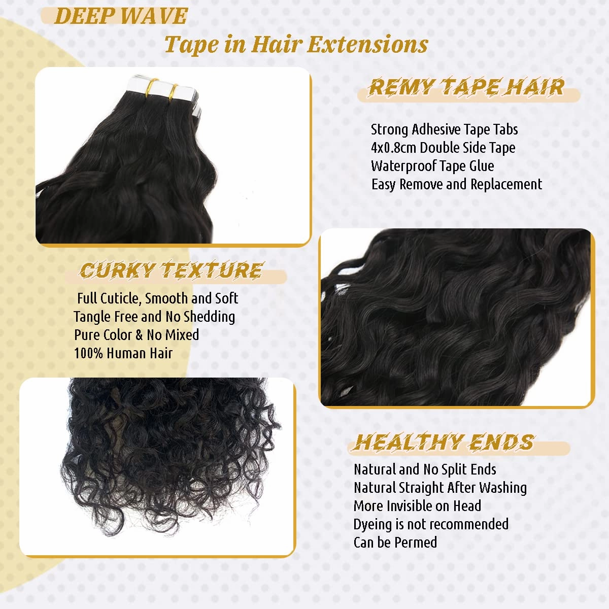 #1B Water Wave Tape in Extension for Black Women, 9A Brazilian Human Hair Adhesive Skin Weft Loose Wave Tape ins Human Hair Extensions Full Ends 40pcs 100g(24inch, #Natural Black)