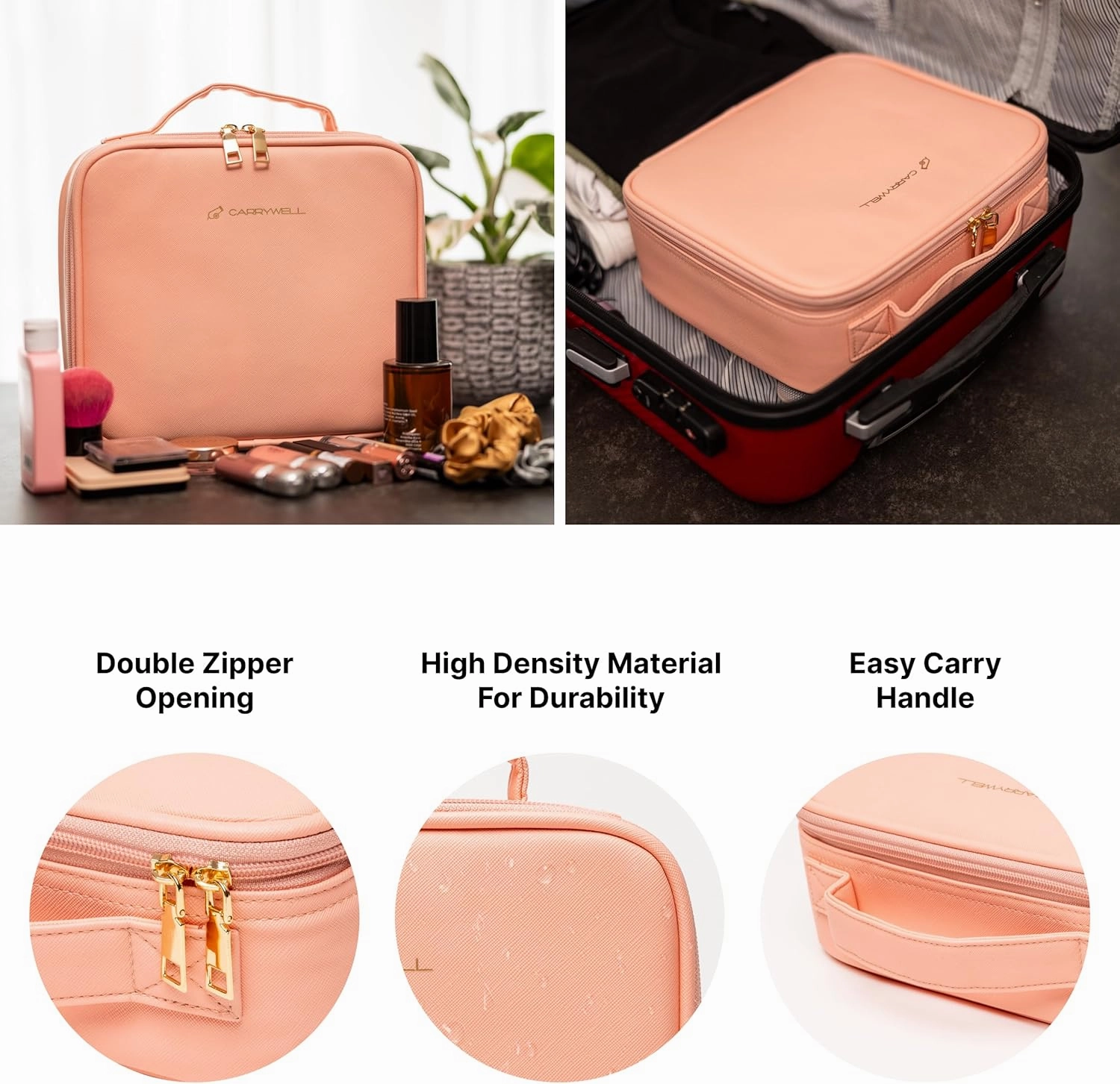 |Not Made In China| Makeup Bag Travel Case, Train Case for Cosmetics, Portable Beauty Organizer, Cosmetic Storage Bag With Adjustable Dividers For Make Up and Brushes