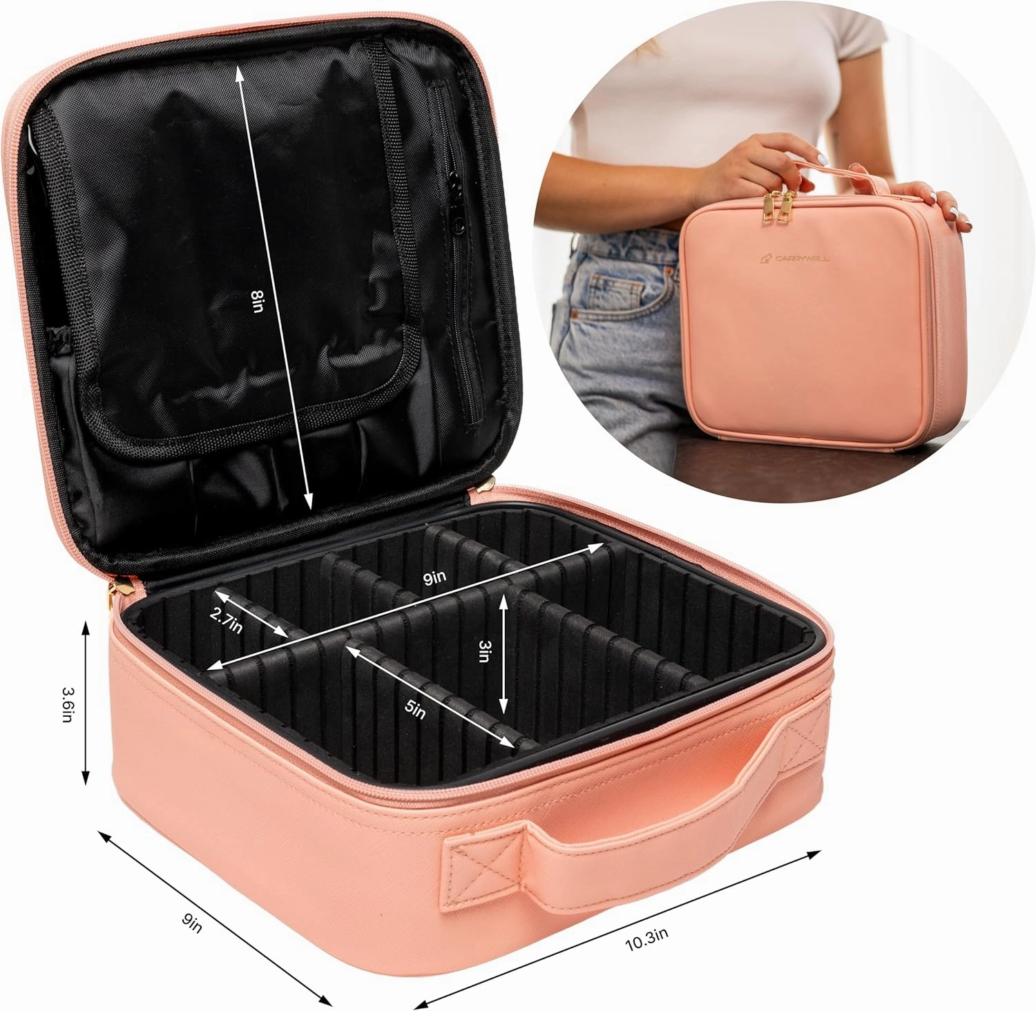 |Not Made In China| Makeup Bag Travel Case, Train Case for Cosmetics, Portable Beauty Organizer, Cosmetic Storage Bag With Adjustable Dividers For Make Up and Brushes