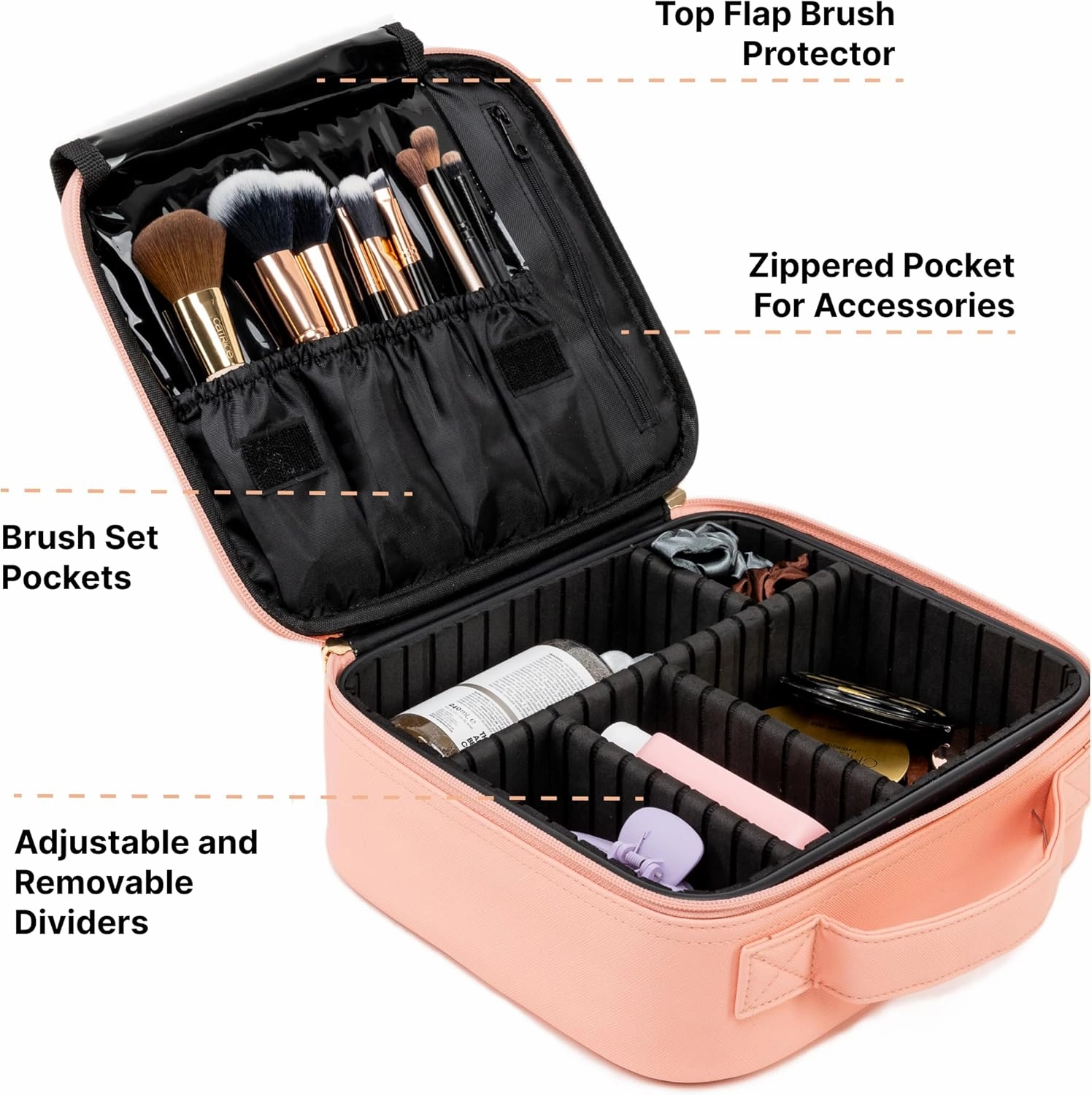 |Not Made In China| Makeup Bag Travel Case, Train Case for Cosmetics, Portable Beauty Organizer, Cosmetic Storage Bag With Adjustable Dividers For Make Up and Brushes