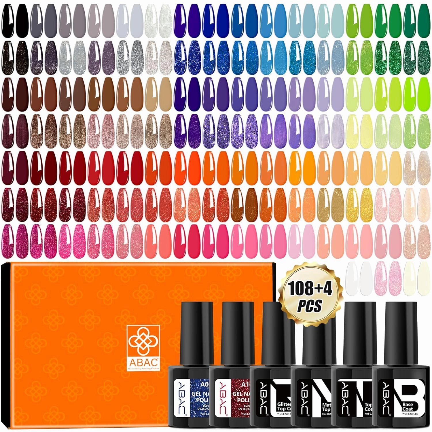 ABAC 112 PCS Hema Free Gel Polish Set w/4 Top&Base Coat Infinite Inspiration All Season 108 Colors Pink Orange Blue Green Red Gel Polish Kit Gift for Women Manicure Lover