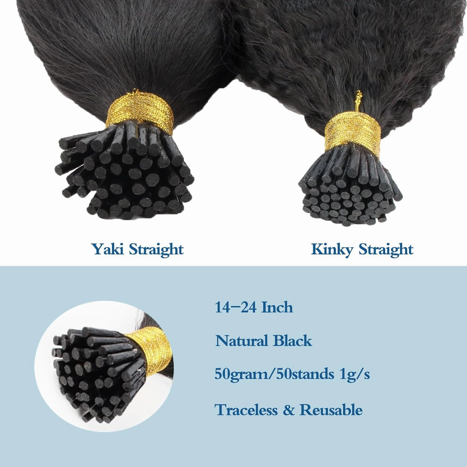 ABH AMAZINGBEAUTY HAIR I Tip Hair Extensions Yaki Straight Human Hair Pre Bonded Hair Extensions Real Human Hair I Tip Black Women Yaki Straight Coarse Yaki Virgin Natural Black 16 Inch 50 Strands 50g